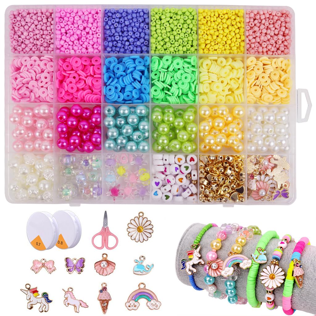 HASTHIP® Dowsabel Clay Beads Bracelet Making Kit for Beginner, Preppy Polymer Clay Beads with Charms Kit