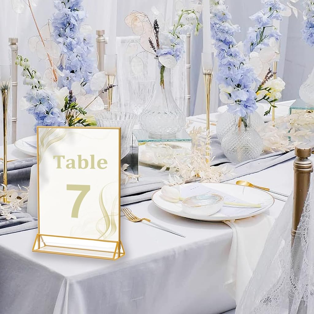 HASTHIP® 4 Pack Acrylic Gold Sign Holder, Double Sided A4 Menu Stand, Clear Vertical Table Display for Restaurant Menus, Office Flyers, Acrylic Photo Frame, Desk Brochure Holder