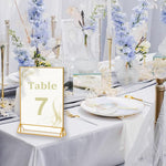 HASTHIP® 4 Pack Acrylic Gold Sign Holder, Double Sided A4 Menu Stand, Clear Vertical Table Display for Restaurant Menus, Office Flyers, Acrylic Photo Frame, Desk Brochure Holder
