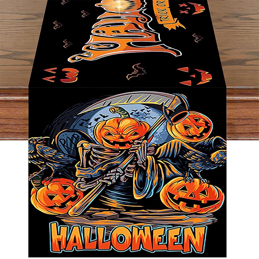 HASTHIP Halloween Table Runner for Dining Table featuring Evil Pumpkin Print 13x72 in | Washable Linen Decor