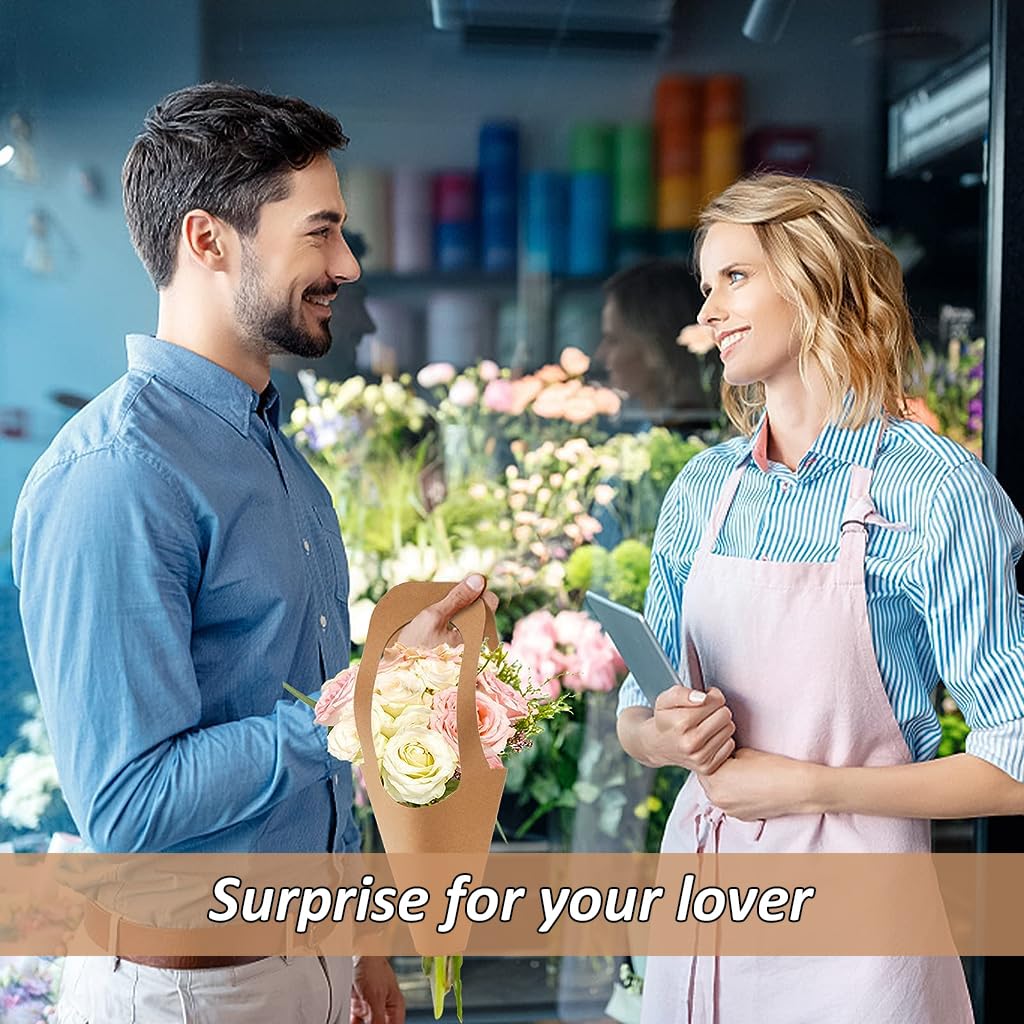 10pcs Flower Bouquet Gift Wrapping Paper with Handle Flowers Gift Wrap Bag Vintage Kraft Paper Flower Bouquet Carry Bag Flower Shop Gift Pack, Home Decoration