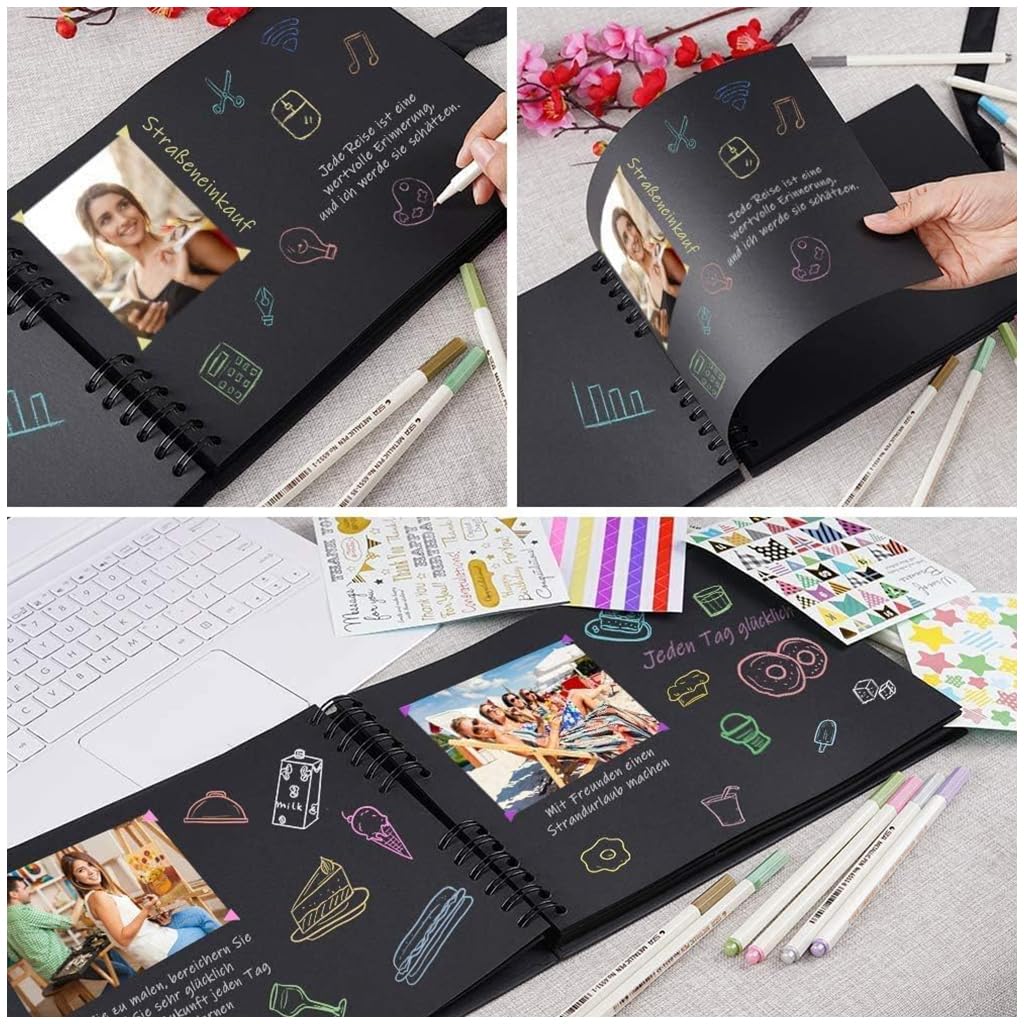 HASTHIP DIY Scrapbook Photo Album Kit for Weddings and Anniversaries with Ribbon Closure 80 Pages Black | Perfect Memory Gift