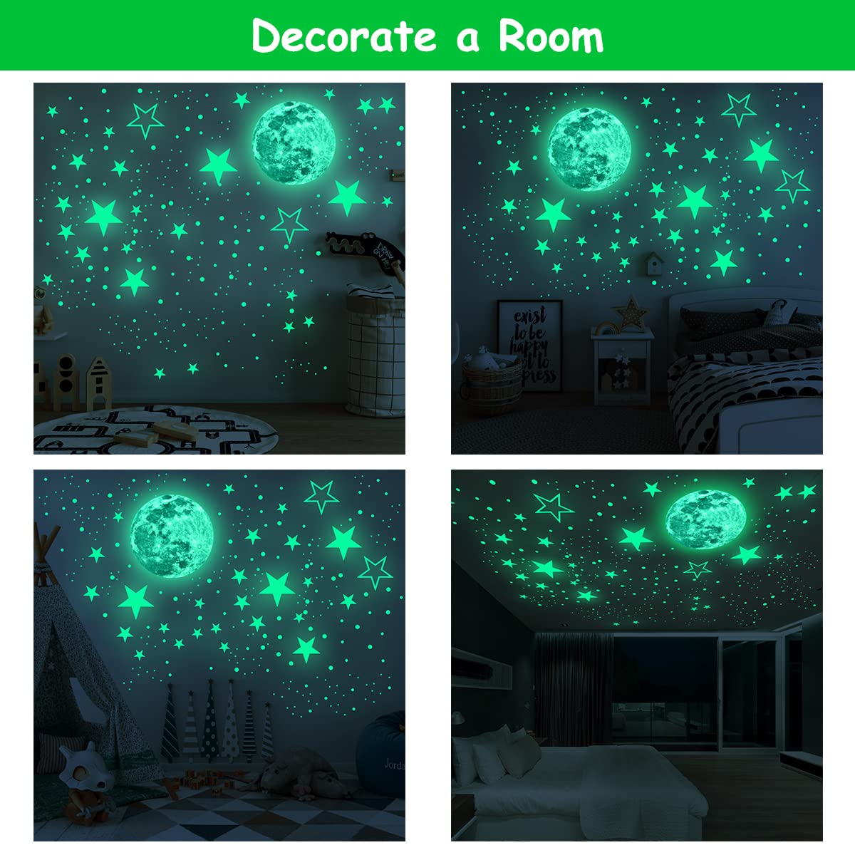 HASTHIP 3D Luminous Wall Stickers for Kids Room with 30cm Moon and 435pcs Stars | Waterproof PVC Night Glow Decoration