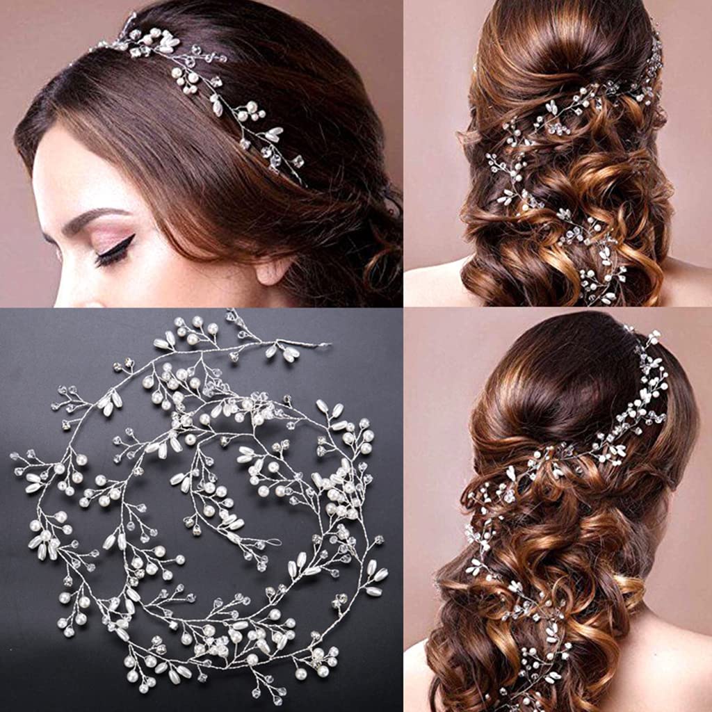 SANNIDHI® 5Pcs Bridal Hair Pin/Girls Hair Accessories, Flower Hair Accessories, Pearl Metal Wedding Hair Vine Crystal Beaded Hair Piece for Bride, Bridesmaids, Anniversary