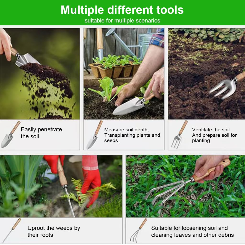 HASTHIP Gardening Tools Set for Planting and Weeding with Wooden Handles | 5Pcs Stainless Steel featuring Laser Etched Scale