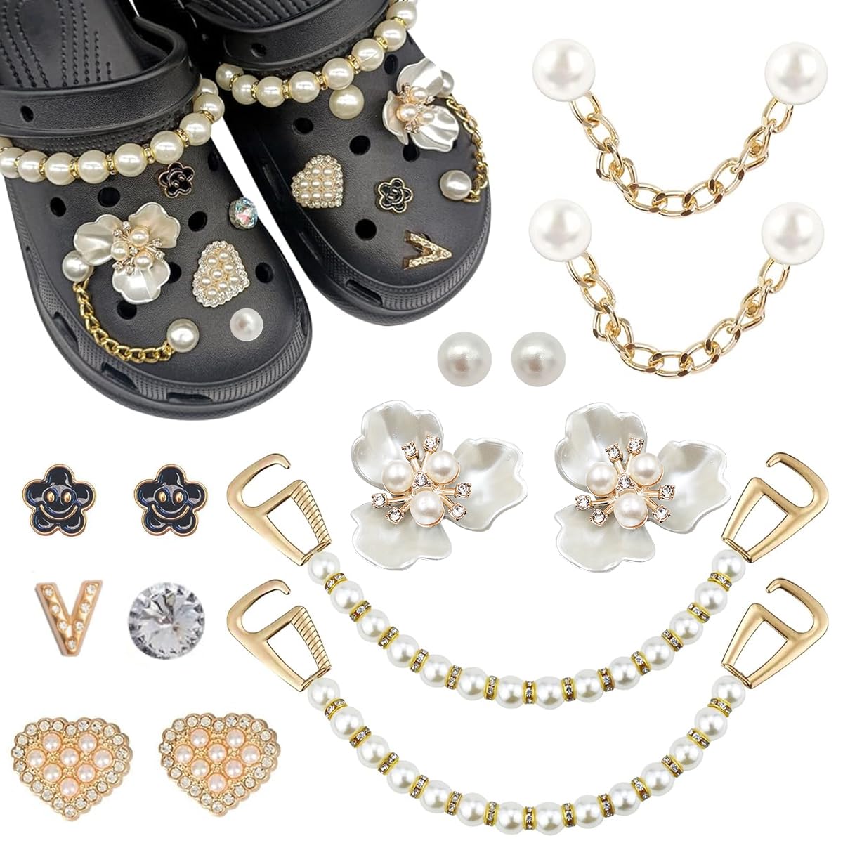 18pcs Girly Jewelry Shoe Charms for Clog Slides Sandals, DIY Flower Pearl Shoe Decoration Charm Accessories for Girls Women, Party Favors Birthday Gifts