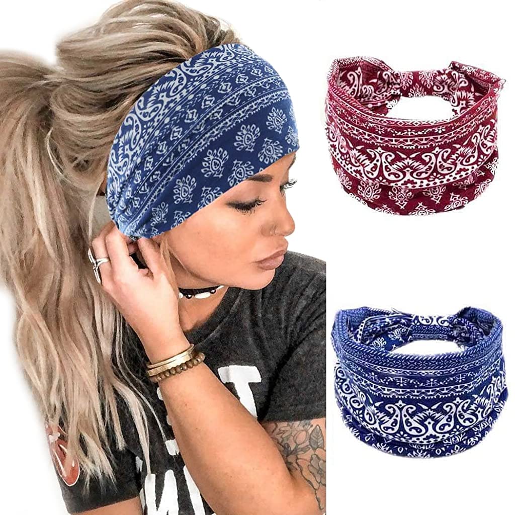 HASTHIP® Diademas Deportivas 2 Piezas para Mujer y Hombre, Cinta de Pelo Boho Elástica y Suave para Yoga, Gimnasio, Correr, Ciclismo, Tenis, Absorbente de Sudor, Negra+Roja+Azul