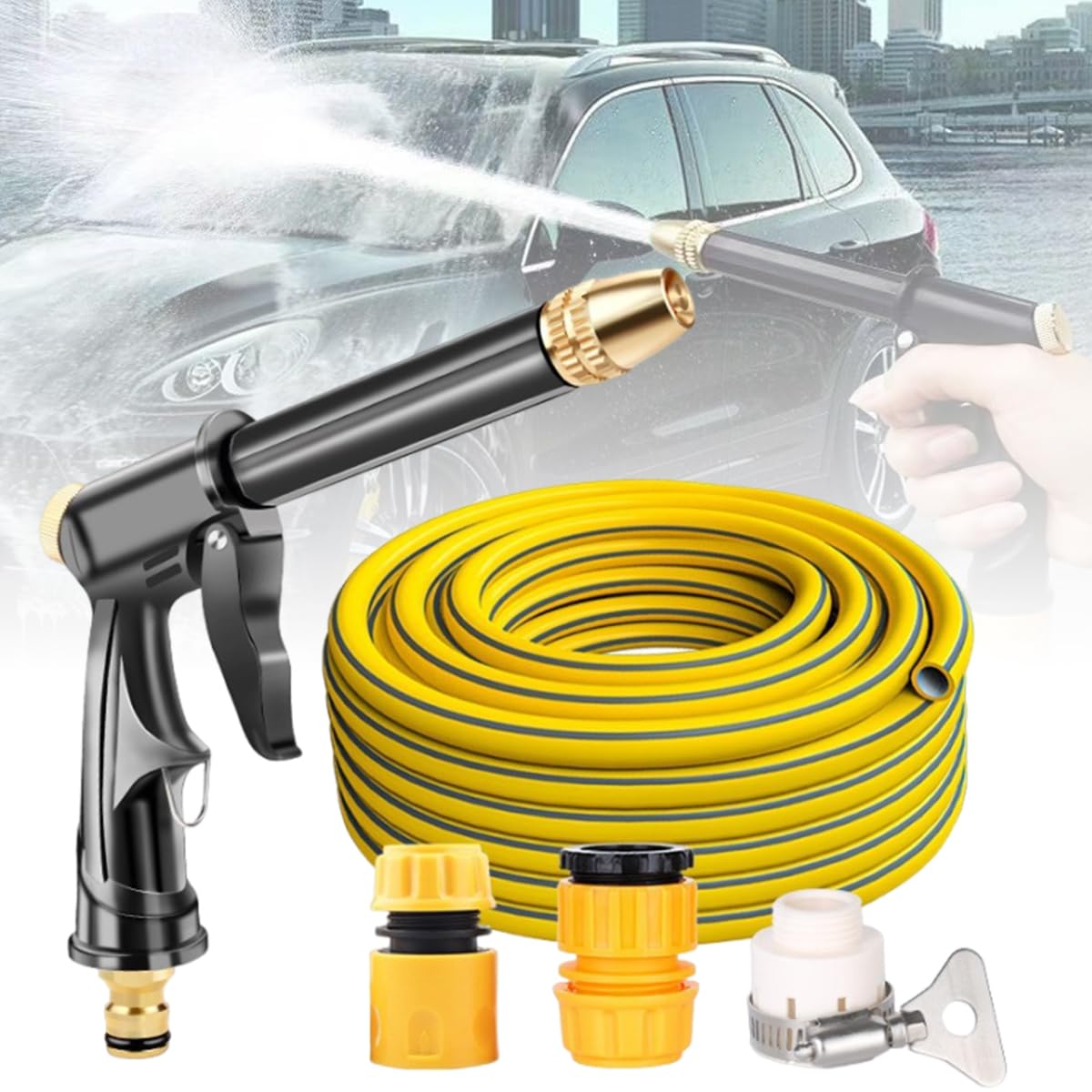 HASTHIP Car Washer Gun for Car and Garden with 10M Hose featuring Four Spray Modes | Alloy Nozzle
