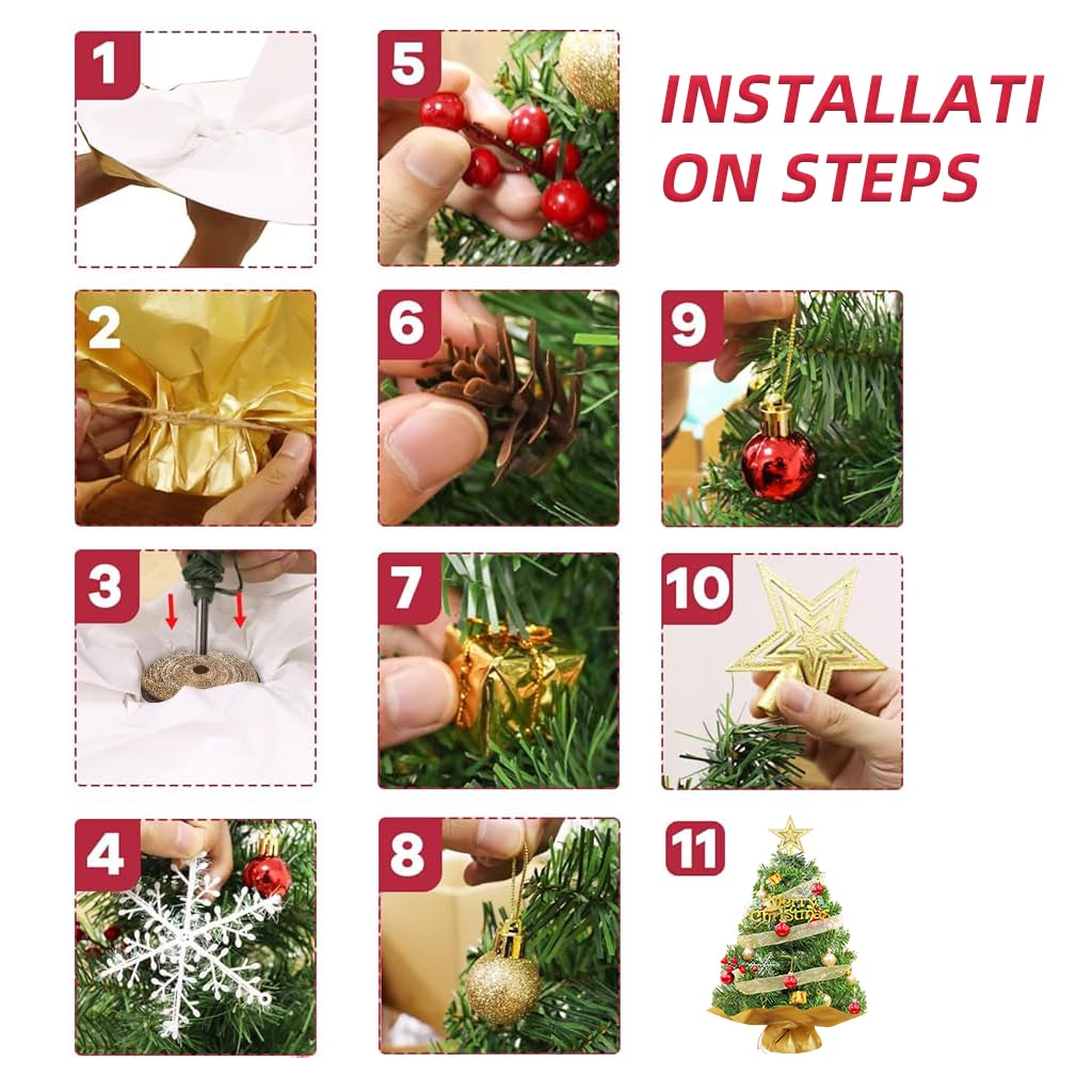 Christmas Tree for Home Decor with Full Set Decorative Items, 24 Inch/60 CM Premium Mini Xmas Trees for Christmas, Office School House Restaurants Store Decoration, DIY Assembly Xmas Tree
