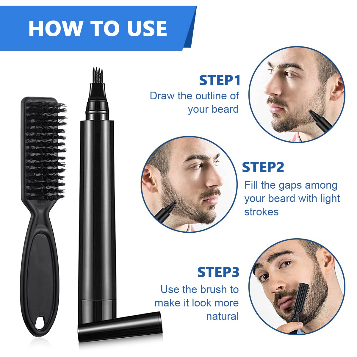 MAYCREATE® Beard Pencil Filler For Men Barber Styling Pen with Bristle Beard Brush Waterproof, Sweat Proof Natural Shaping Up for Men Beard, Moustache & Eyebrows(Dark Brown)