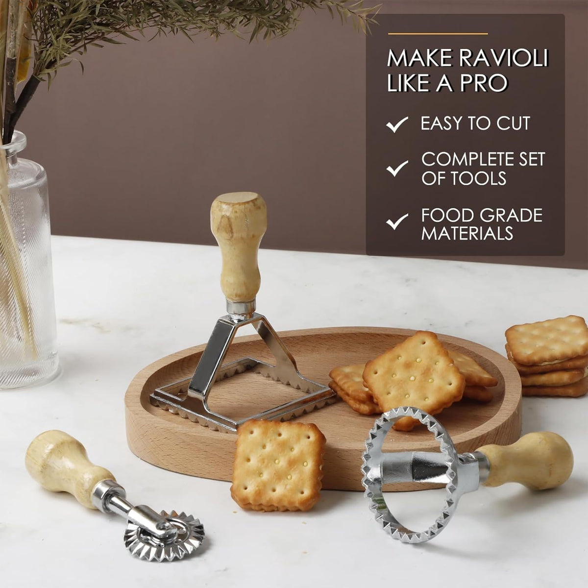 HASTHIP Ravioli Stamp Maker Cutter Set of 3 with Wooden Handle and Fluted Edge for Pasta | Food‑Grade Stainless Steel