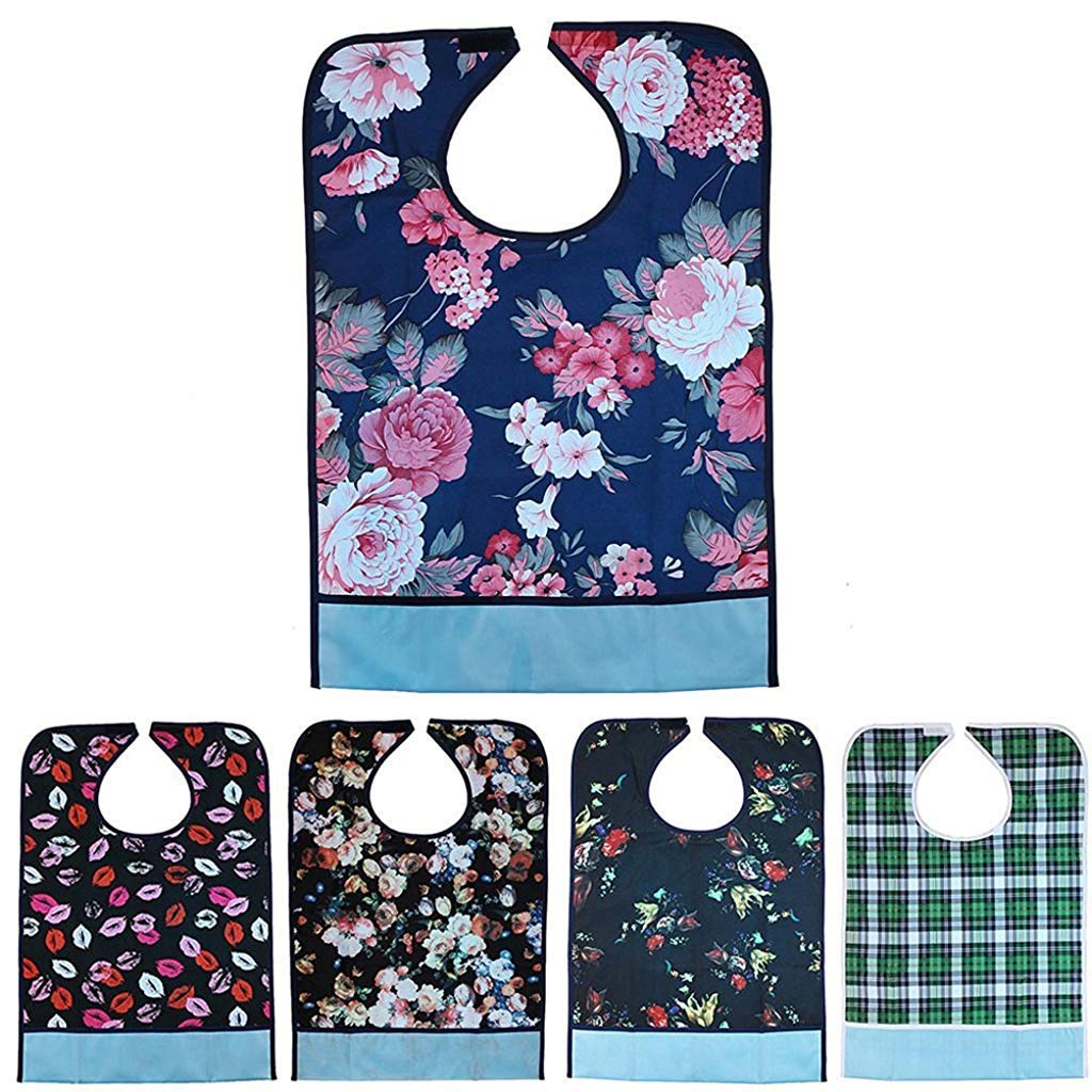 Adult Bibs Clothing Protectors Waterproof Pocket Bib Apron Washable with Crumb Catcher(Floral)