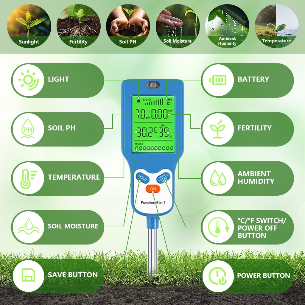 HASTHIP® 6-in-1 Digital Soil Tester with pH Meter, Moisture Sensor, Sunlight, Temperature, Humidity & Fertility Reader, Rotating Backlight LCD Display, Soil Test Kit for Gardening, Farming, Plant Care