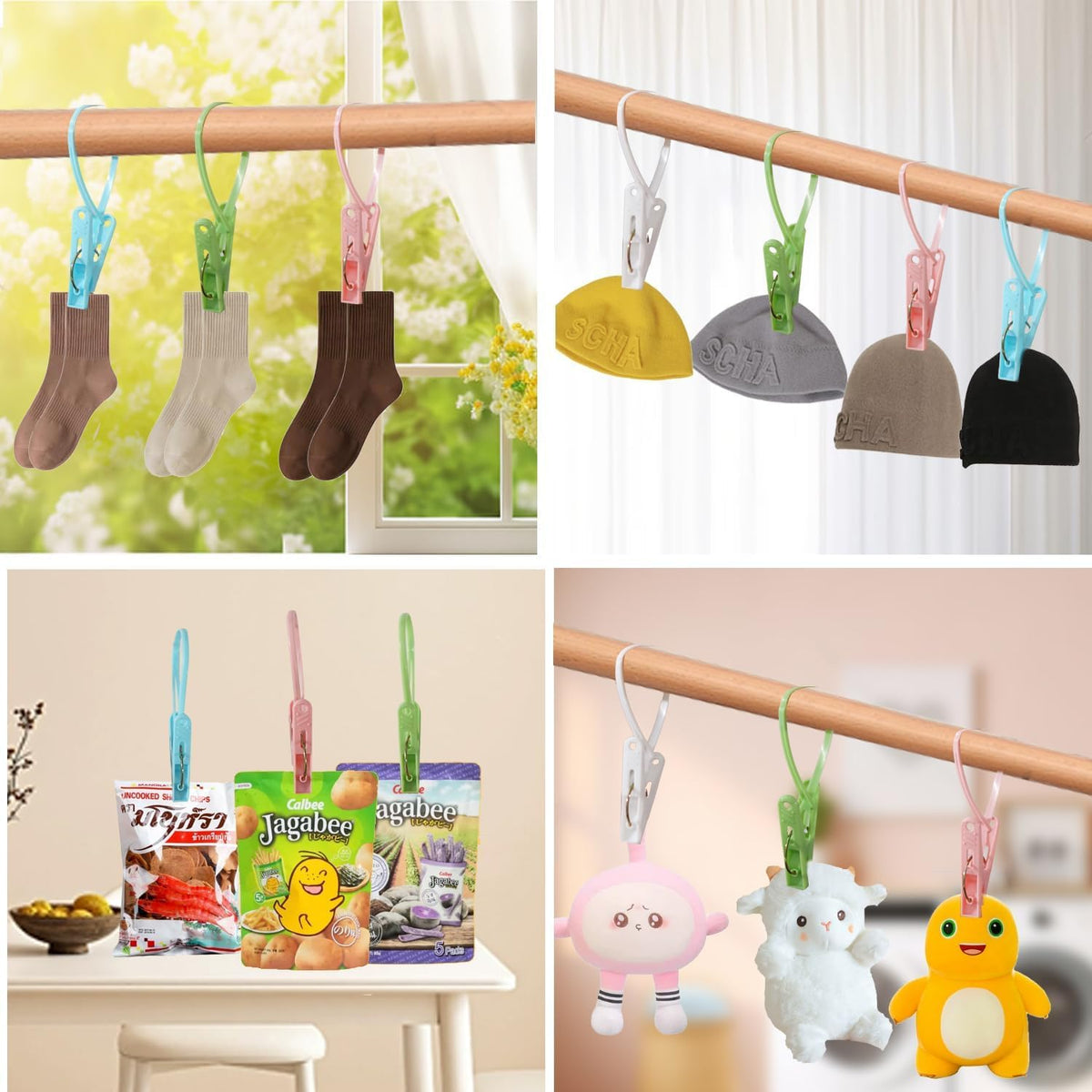 HASTHIP hanger clamps for hanging clothes 12 pcs with windproof fastening loop and multicolor clips | reusable plastic pegs for laundry and travel drying