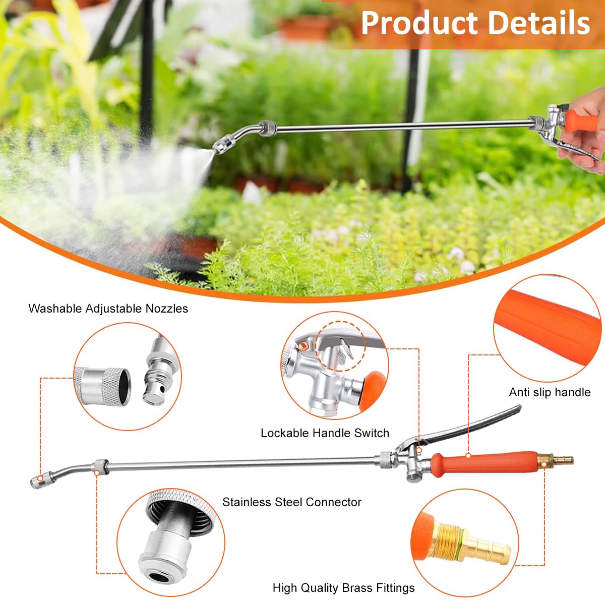 HASTHIP Universal Metal Sprayer Wand 70 cm for Garden Use with Lockable Handle & Brass Barbs