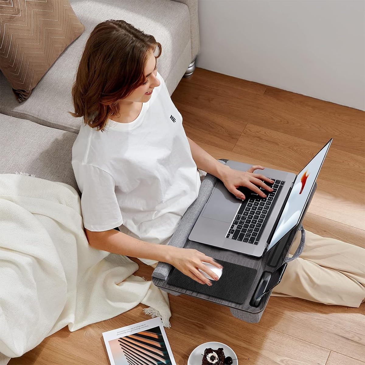 HASTHIP® Laptop Top Table On Knee,Mobile On-Knee Desk with Mouse Pad,Tablet & Phone Slot Arm Wrist Rest Backside Soft Table Riser Design Writing Desk Mobile On Knee Wooden with Handle