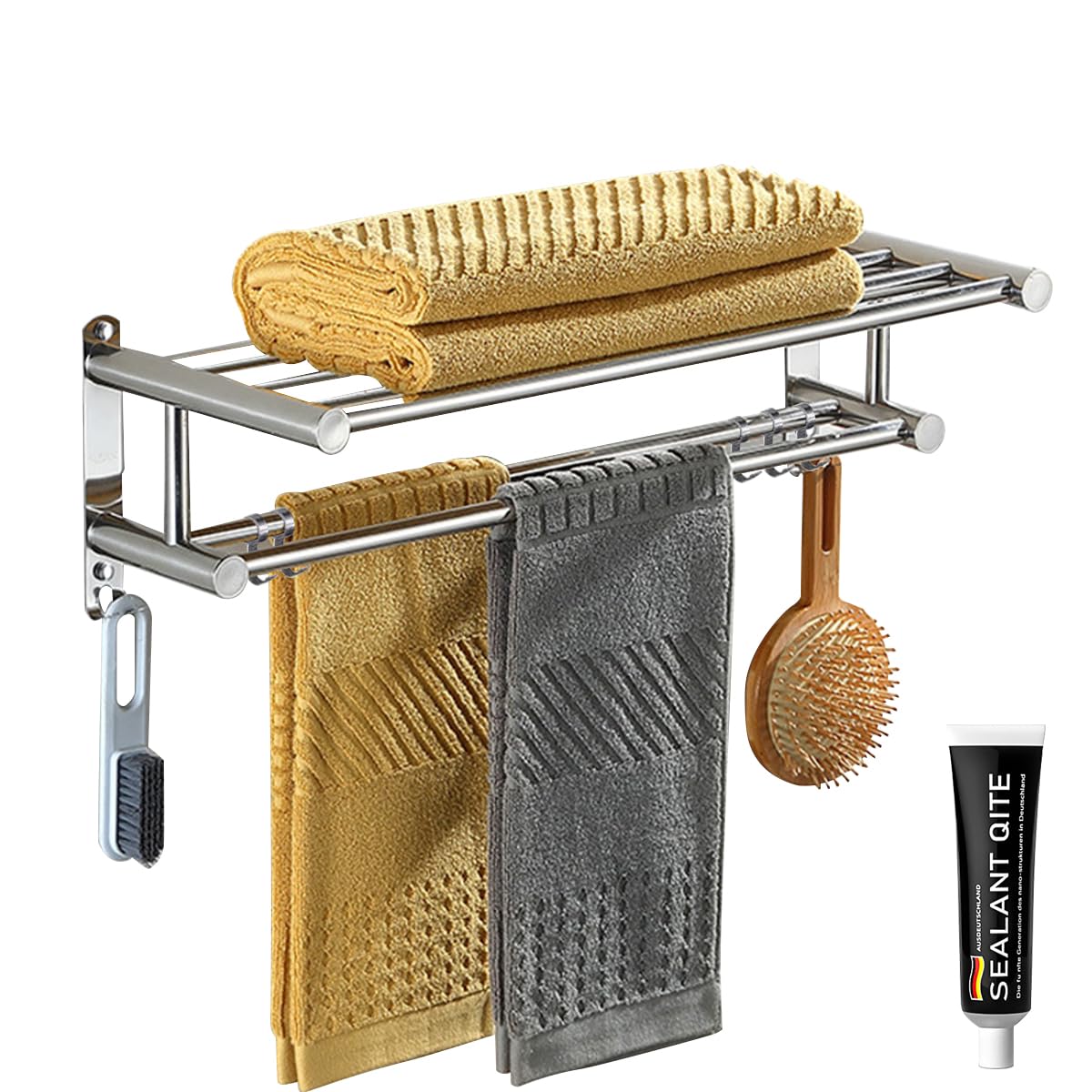 HASTHIP Bath Towel Rack for Bathroom with Double Layer 23.62 in Shelf and Sliding Hooks | 304 Stainless Steel No Drill Wall Mount Organizer