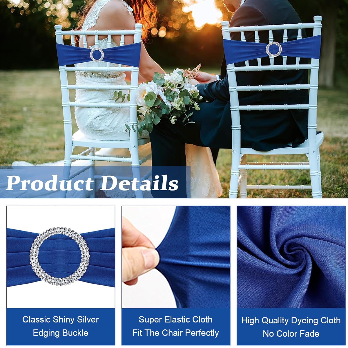 HASTHIP Chair Sashes for Wedding and Banquet with Tie Free Stretch Design | 20 Pack Blue Spandex Bands