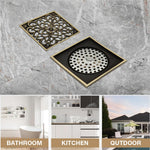 HASTHIP Bathroom Floor Drain for Shower with Self-Opening Anti-Odor Mechanism | 3.93 in Antique Brass Square Featuring Floral Cut-Out Cover