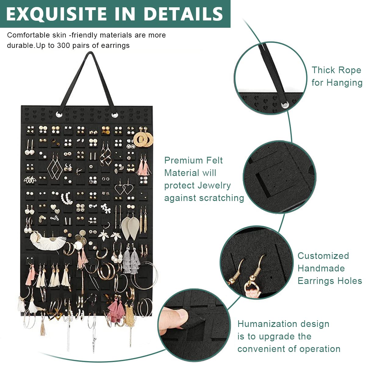 HASTHIP Wall Hanging Earring Organizer for 300 Pairs with 150 Felt Pieces and Hooks | 2 PCS Set