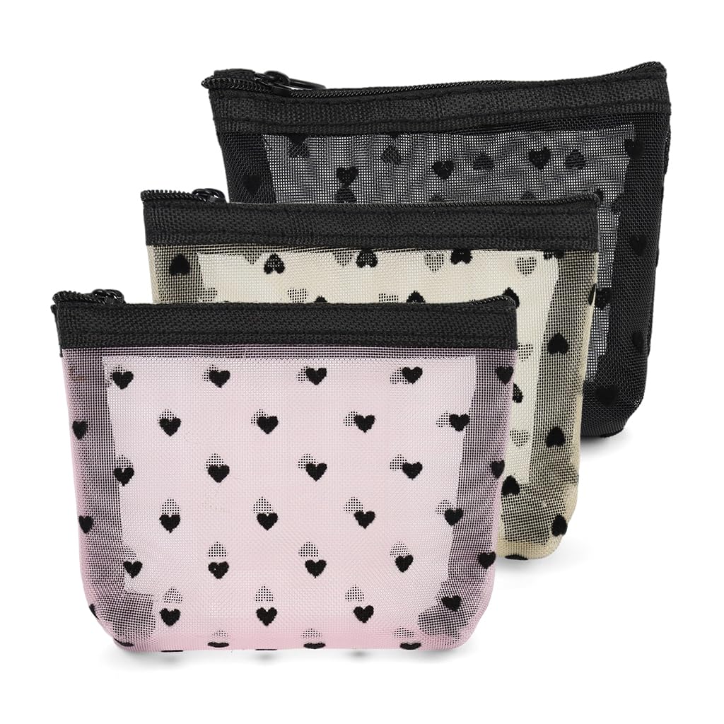 HASTHIP® 3 Pcs Bolsas de Maquillaje Pequeñas para Mujer,Mini Neceser de Malla Transparente con Diseño Corazón,Monedero con Cremallera Bolsitas Cosméticas Organizador Accesorios