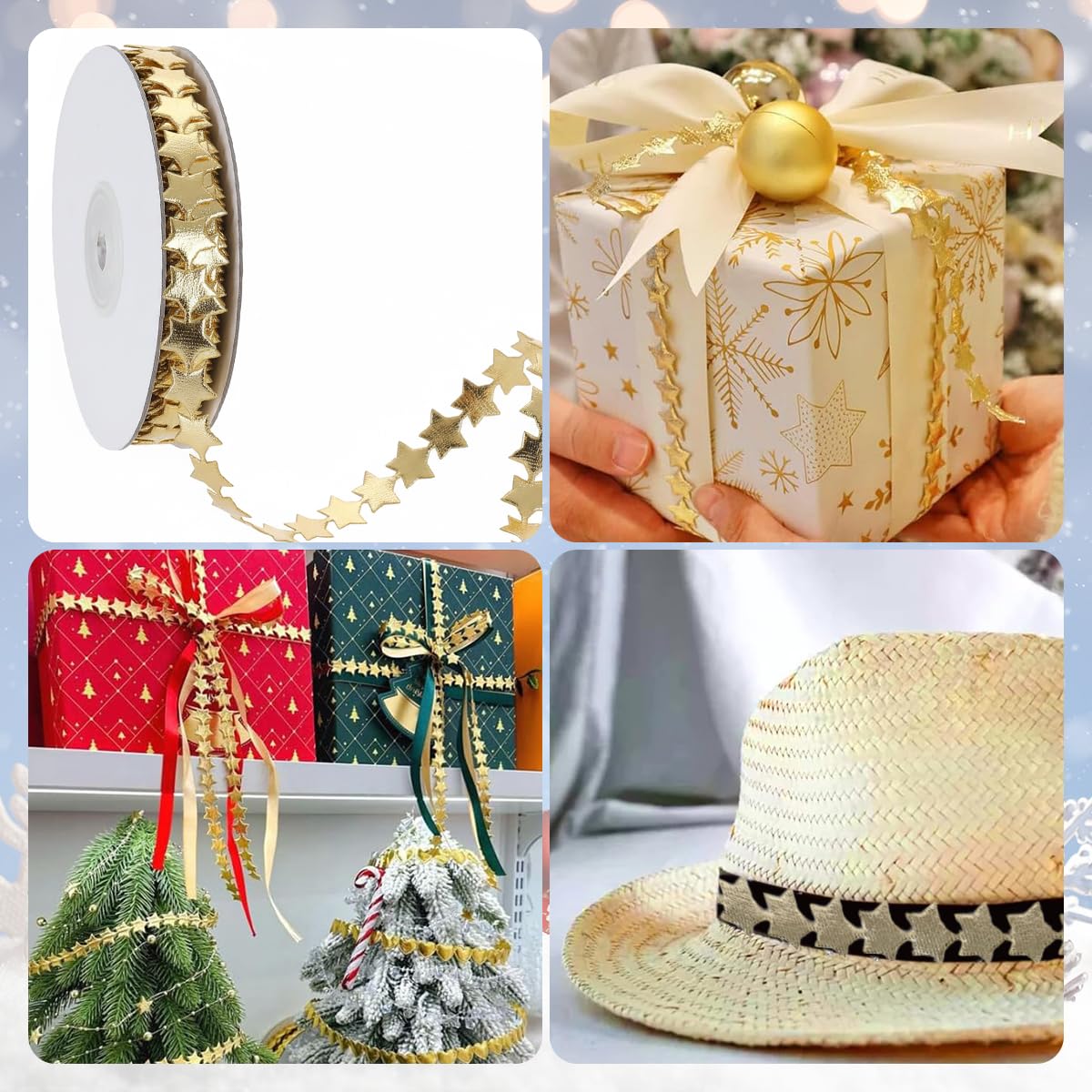 HASTHIP Glitter Star Ribbon Roll for Gift Wrapping featuring 32.8ft Chain Trim | Golden Cloth Decoration for Crafts and Party Decor