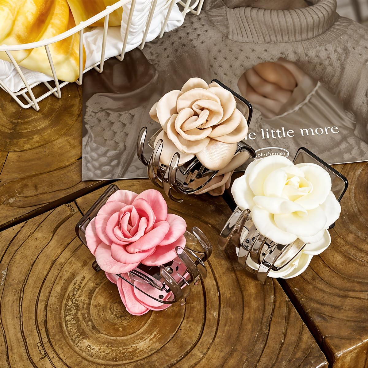 HASTHIP® 3 Piezas Clips de Garra con Flor de Rosa,Pinzas Pelo Acrílicas con Resorte Fuerte,Accesorios Elegantes para Mujeres y Niñas Estilo Medio Recogido Ligero y Duradero