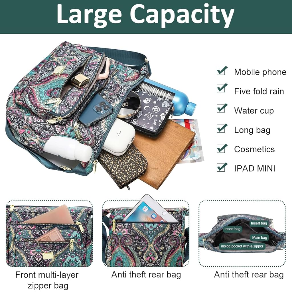 HASTHIP® Bolso Bandolera Mujer Nylon Impermeable Estilo Kipling Mini Crossbody Bag con Múltiples Compartimentos y Correa Ajustable para Viaje y Uso Diario (10.2x3.9x8.2 inch)