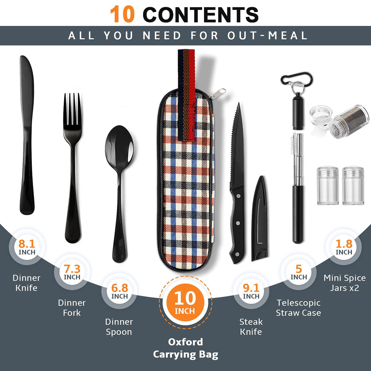 HASTHIP Portable Travel Utensils Set for Camping and Office with Zipper Case and Straw | Reusable Stainless Steel Flatware in Black