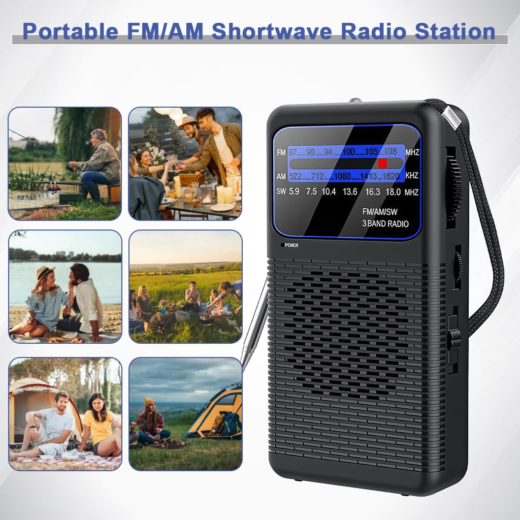 HASTHIP® Radio de Bolsillo con Luz, Radio Exterior FM/AM/SW de 3 Bandas, Toma para Auriculares de 3.5mm, Pantalla LCD, Mini Radio para Camping, Viajes y Emergencias, Funciona con Pilas (Sin Batería)