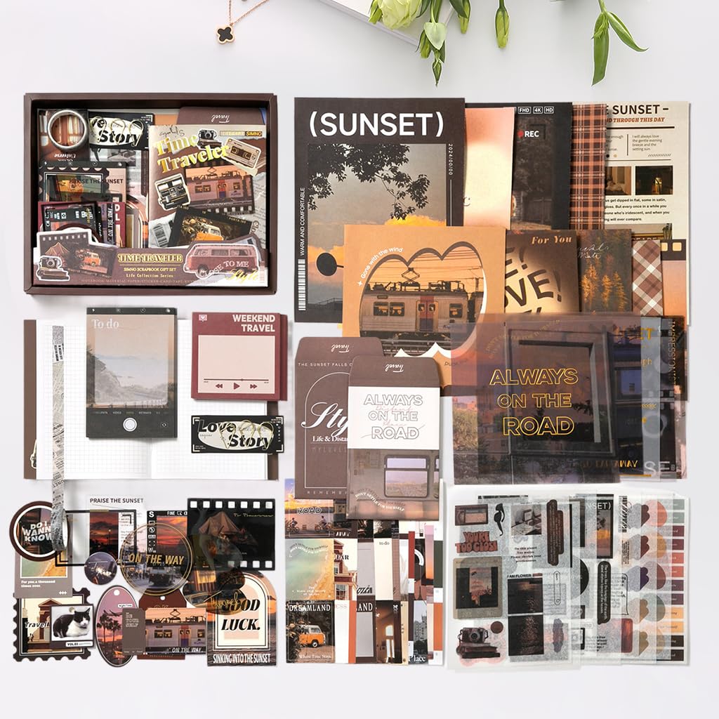 HASTHIP Vintage Scrapbooking Stickers Gift Set for DIY Journals with A6 Notebook and 160x212mm Portable Box | Brown Time-Themed Stationery