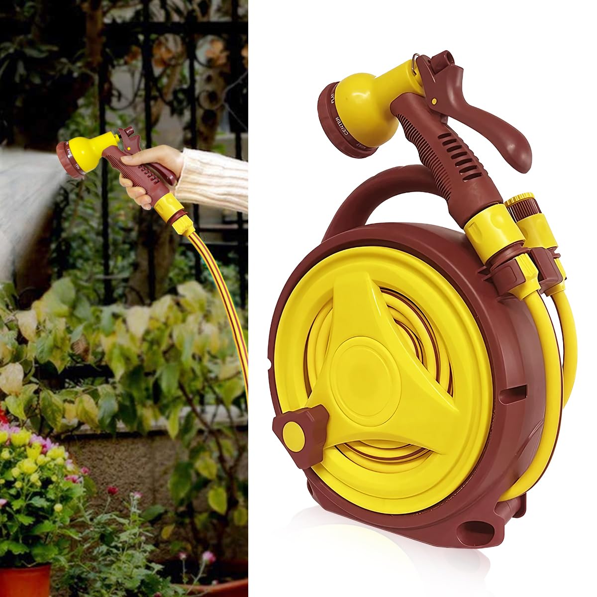 HASTHIP® 32.8Ft Garden Hose Sprayer with Hand Crank Reel High Pressure Garden Hose Sprayer with Multi Modes, Labor Saving Car Washing Hose Sprayer Garden Hose Sprayer for Gardening, Car Washing