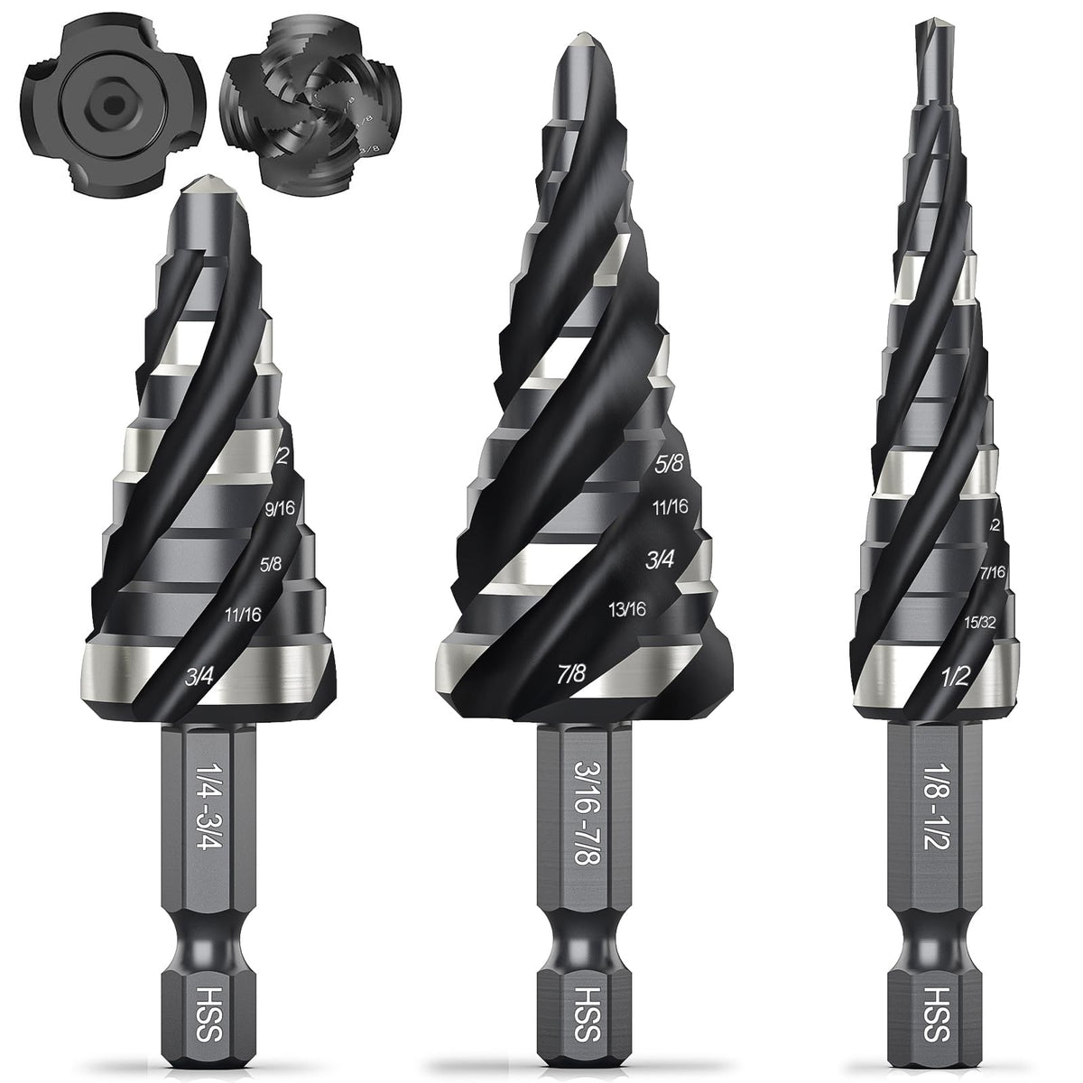 HASTHIP® Juego de Brocas Escalonadas de 3 Piezas,Brocas Paso HSS 4 Flautas en Espiral (1/8''-7/8''),Unibit con Vástago 1/4'' y Estuche,para Metal Madera Plástico y Aluminio