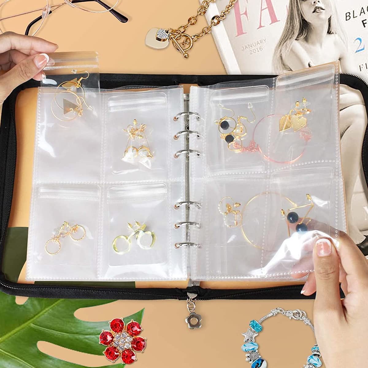 HASTHIP® Jewelry Organizer Travel Earring Organizer Case Transparent Jewelry Storage Book for Necklace Bracelet Ring With PVC Jewelry Pouches Zipper Bags