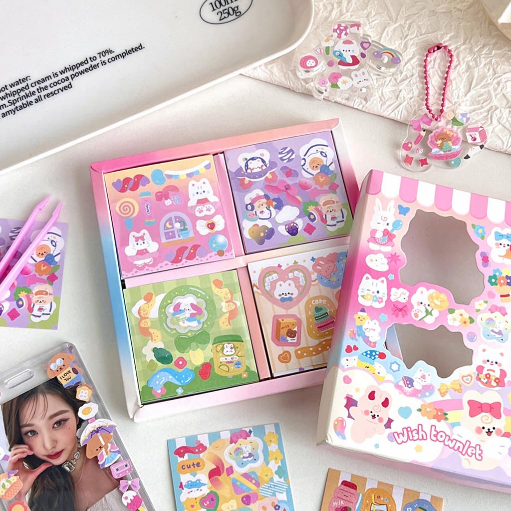 HASTHIP® 100 Sheets Kawaii Stickers - Cartoon Stickers Scrapbooking Decorative Decal Stickers for Junk Journal Supplies, DIY Crafts Album Phone Cases Laptops Notebook, 6x6cm Per Sheet