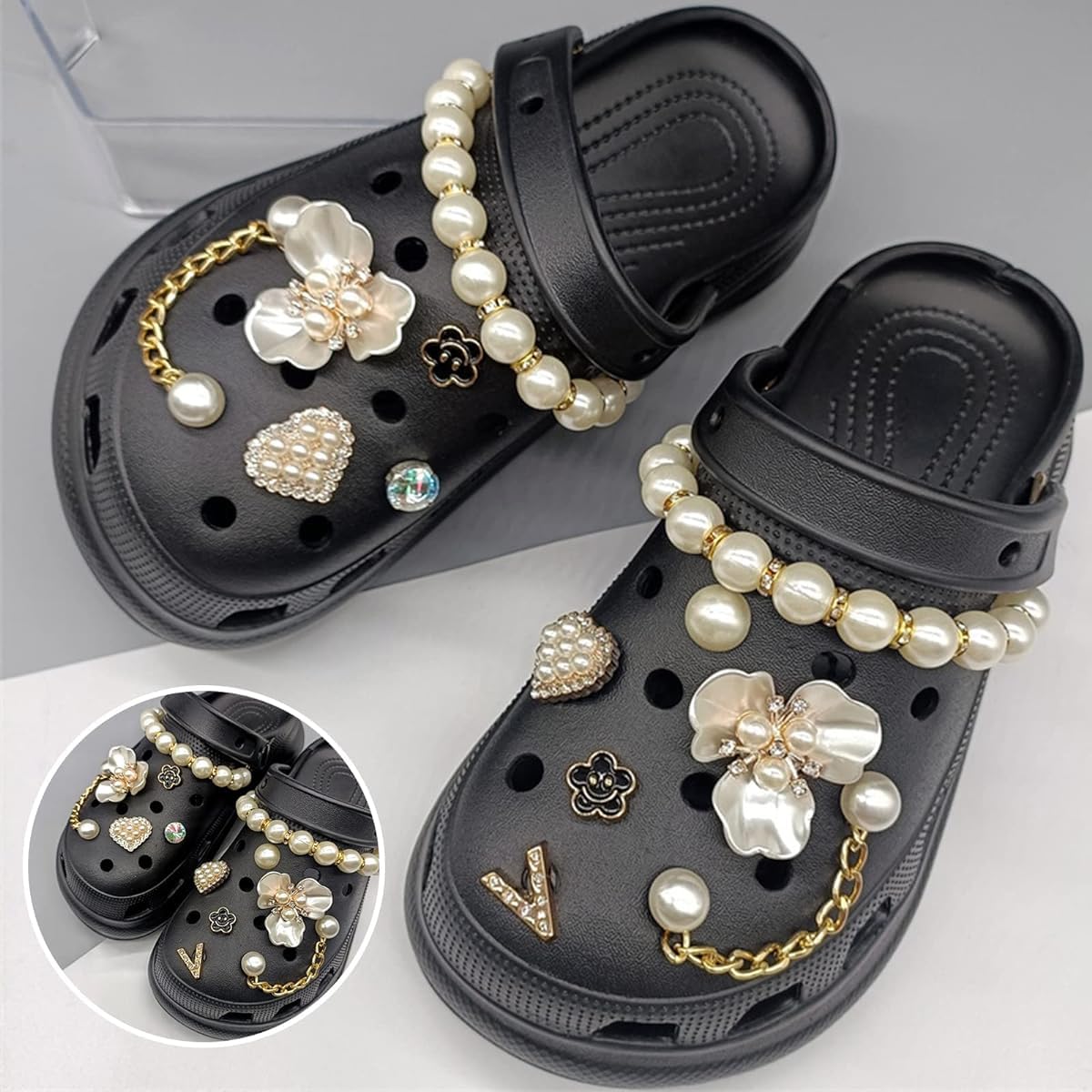 18pcs Girly Jewelry Shoe Charms for Clog Slides Sandals, DIY Flower Pearl Shoe Decoration Charm Accessories for Girls Women, Party Favors Birthday Gifts