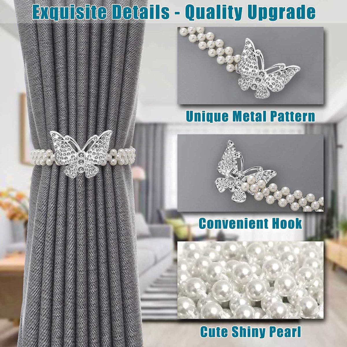 2pcs Curtain Tie Backs Metal TieBacks with Classy Small Pearl Elastic Rope Curtain Holders Tieback for Home Office Hotel Window Drape Decor (Silver)