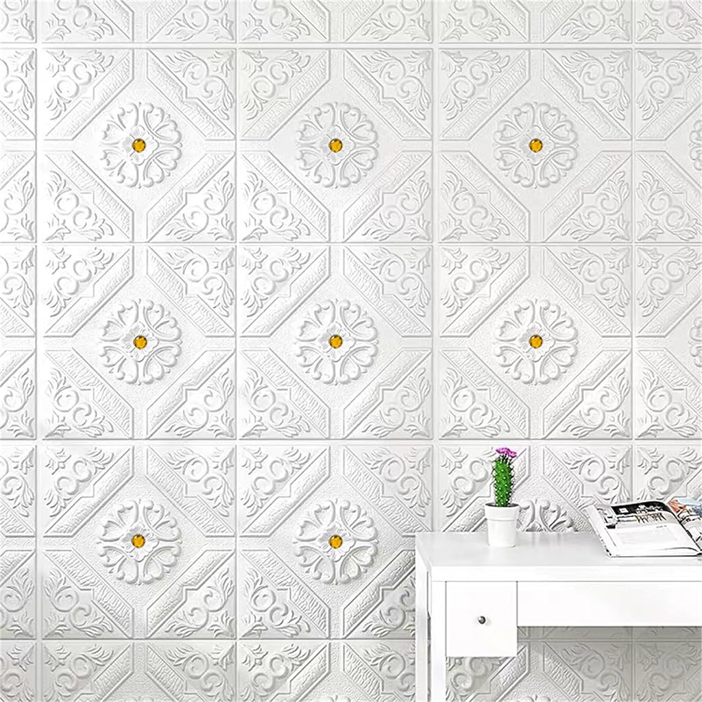 HASTHIP Brick Wallpaper Wall Decor Panels for Home Renovation with Self Adhesive 13.8 x 13.8 in Vintage White Foam | Ideal for Living Room and Bedroom