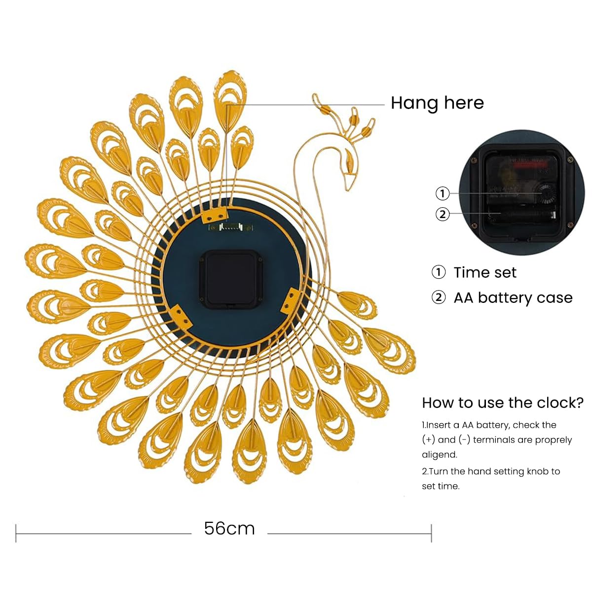 HASTHIP Peacock Metal Wall Clock for Home Décor with Silent Quartz Movement and 15 Inch Design