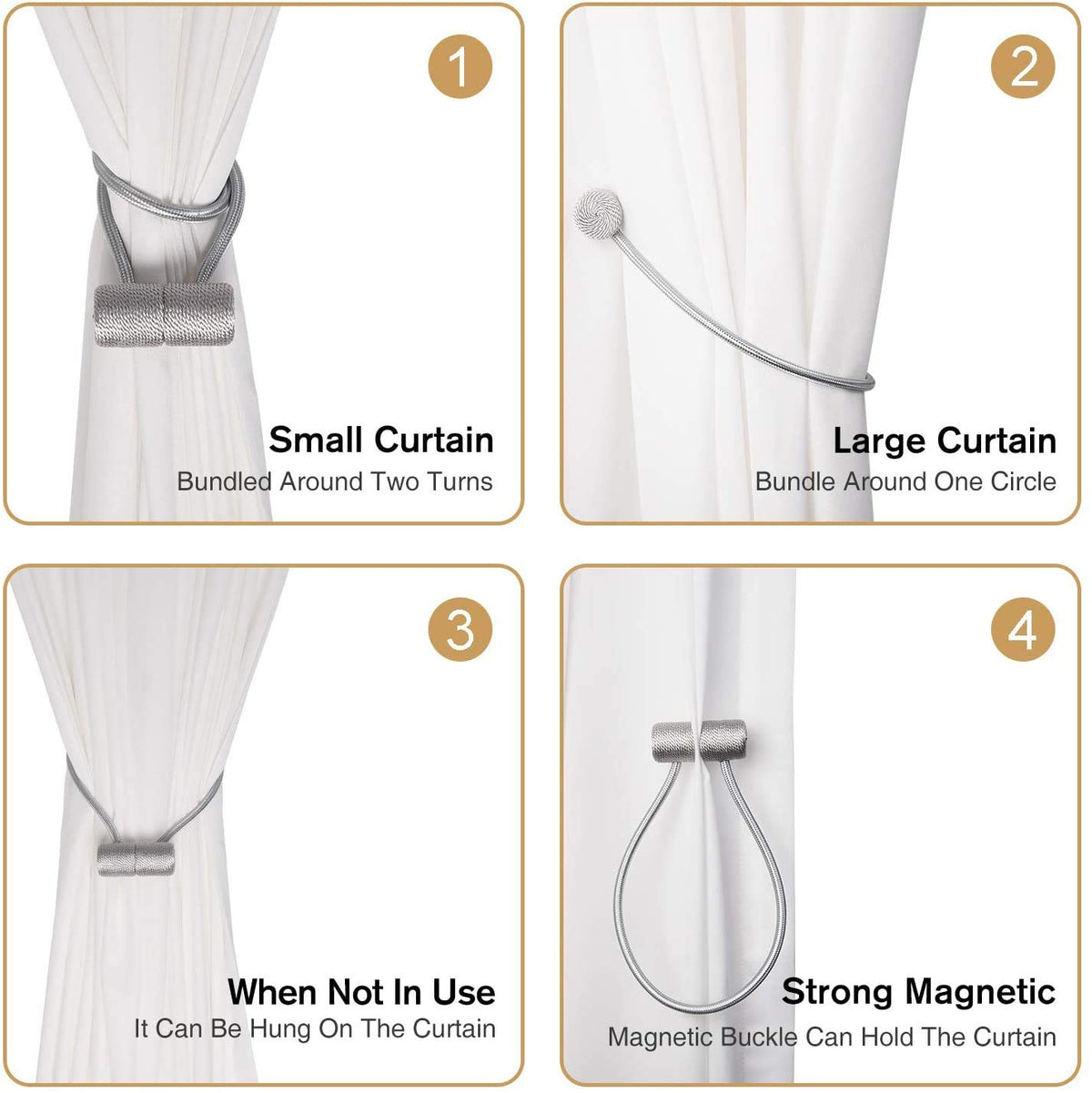 HASTHIP Curtain Tiebacks for Drapes with Strong Magnetic Hold 48cm Rope | Silvery Decorative Holdbacks