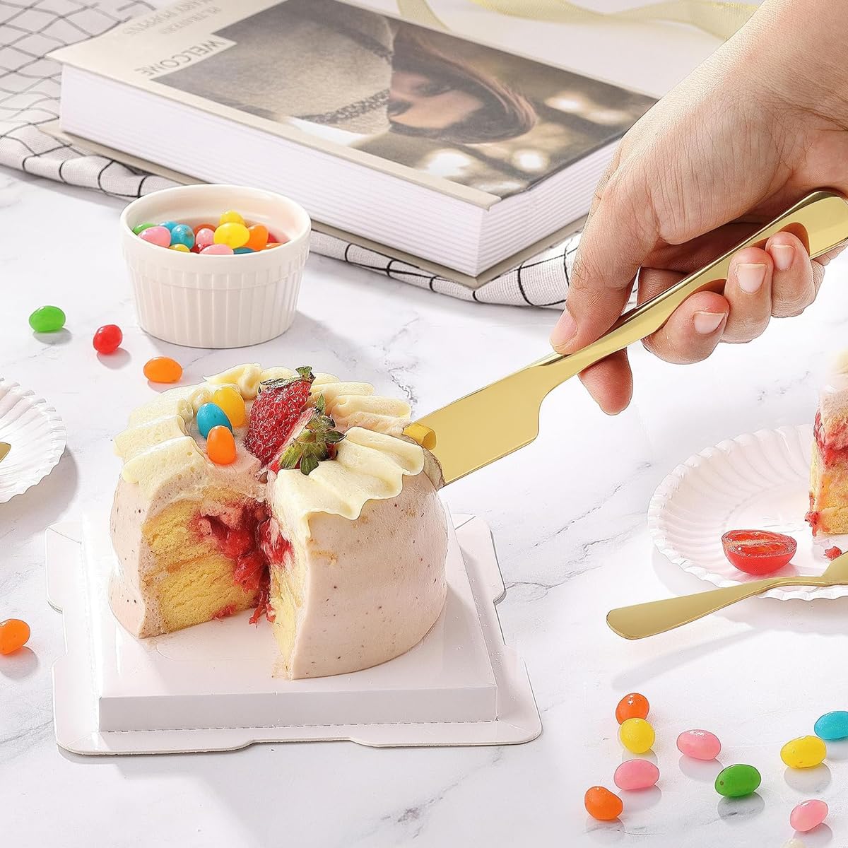 HASTHIP Cake Knife and Server Set for Weddings with Ergonomic Non Slip Handles | 3Pcs 9.29in Knife 8.8in Server 6.7in Spatula