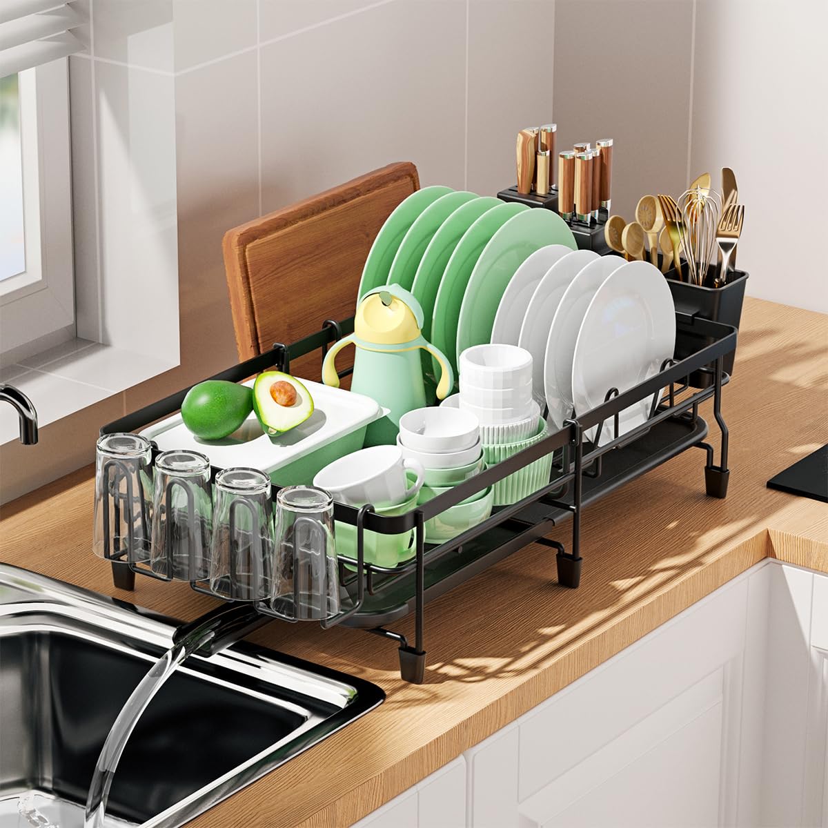HASTHIP Dish Drying Rack for Kitchen Counter with Drip Tray and Retractable Metal Design