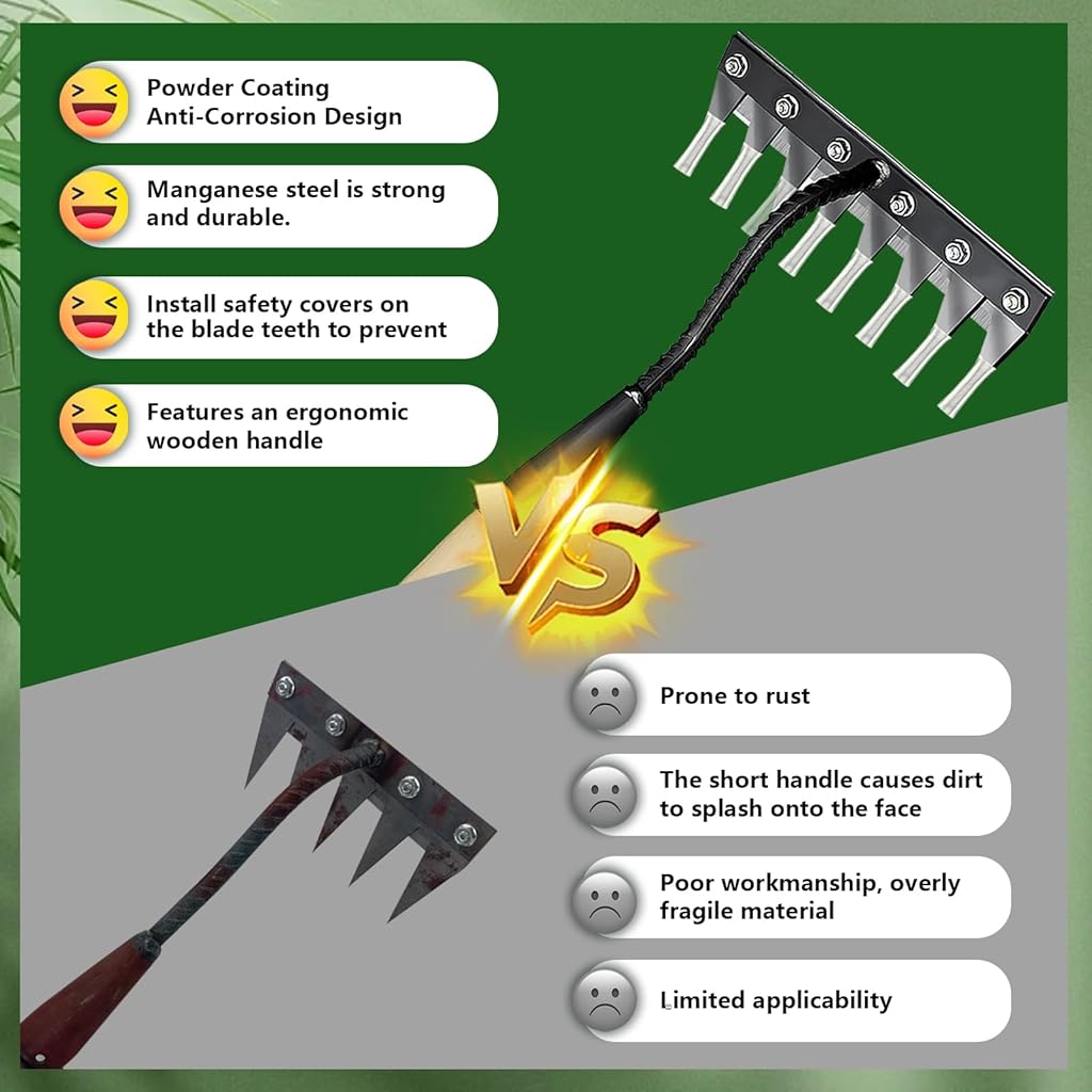 HASTHIP® 8-Tooth Garden Rake, Manganese Steel Hand Rake with Wooden Handle, 30cm Small Gardening Lawn Rake for Soil Loosening, Weeding & Leaf Collecting