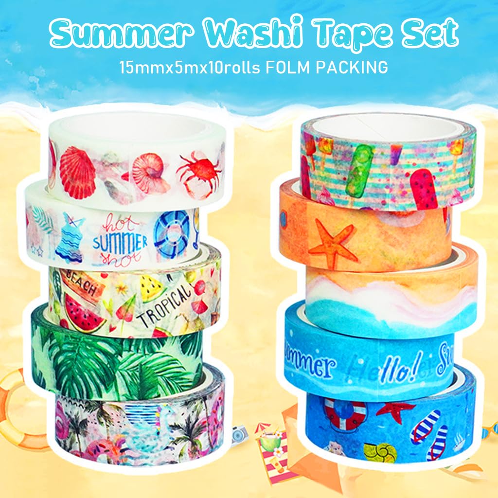 HASTHIP Washi Tape Set for Journals and Scrapbooking featuring 10 Rolls 15mm x 5m | Summer Ocean Designs