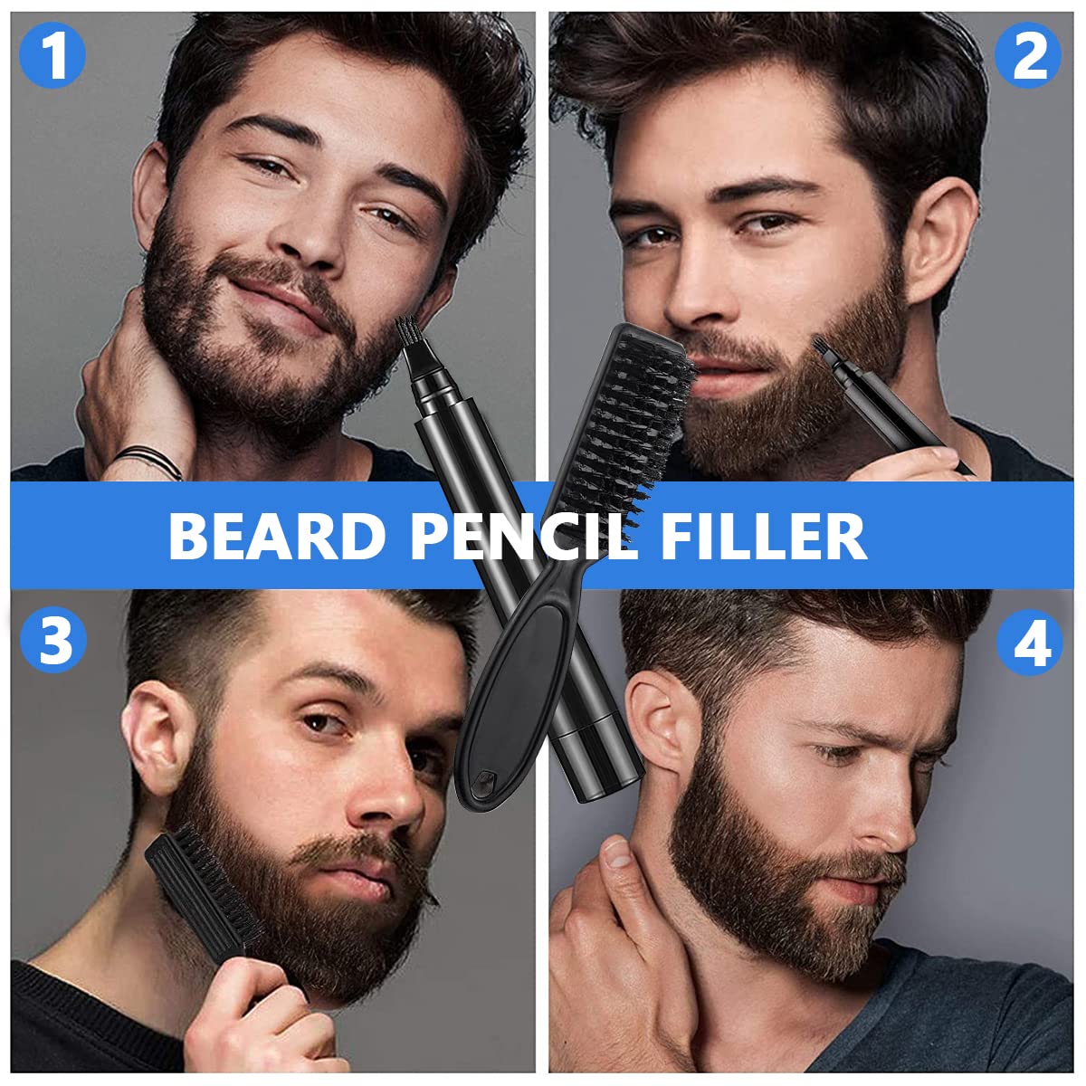 MAYCREATE® Beard Pencil Filler For Men Barber Styling Pen with Bristle Beard Brush Waterproof, Sweat Proof Natural Shaping Up for Men Beard, Moustache & Eyebrows(Dark Brown)