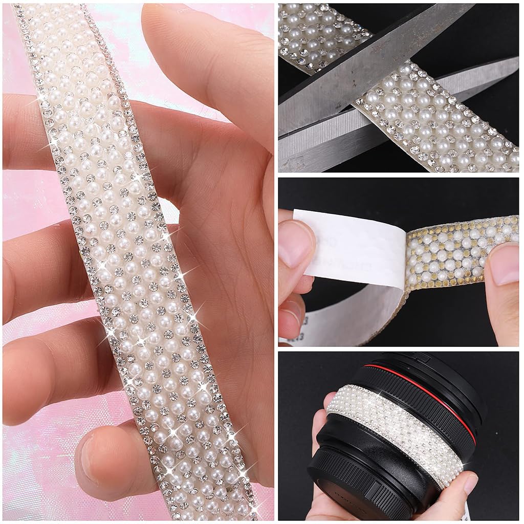 HASTHIP® 3 Rolls DIY Pearl Rhinestone Ribbon Tape 1cm/1.5cm/2cm Self Adhesive Glittering Rhinestone Tape Decorative Pearl Rhinestone Strips for DIY Bag, Art Decoration, Scrapbook, 1 Yard Per Roll