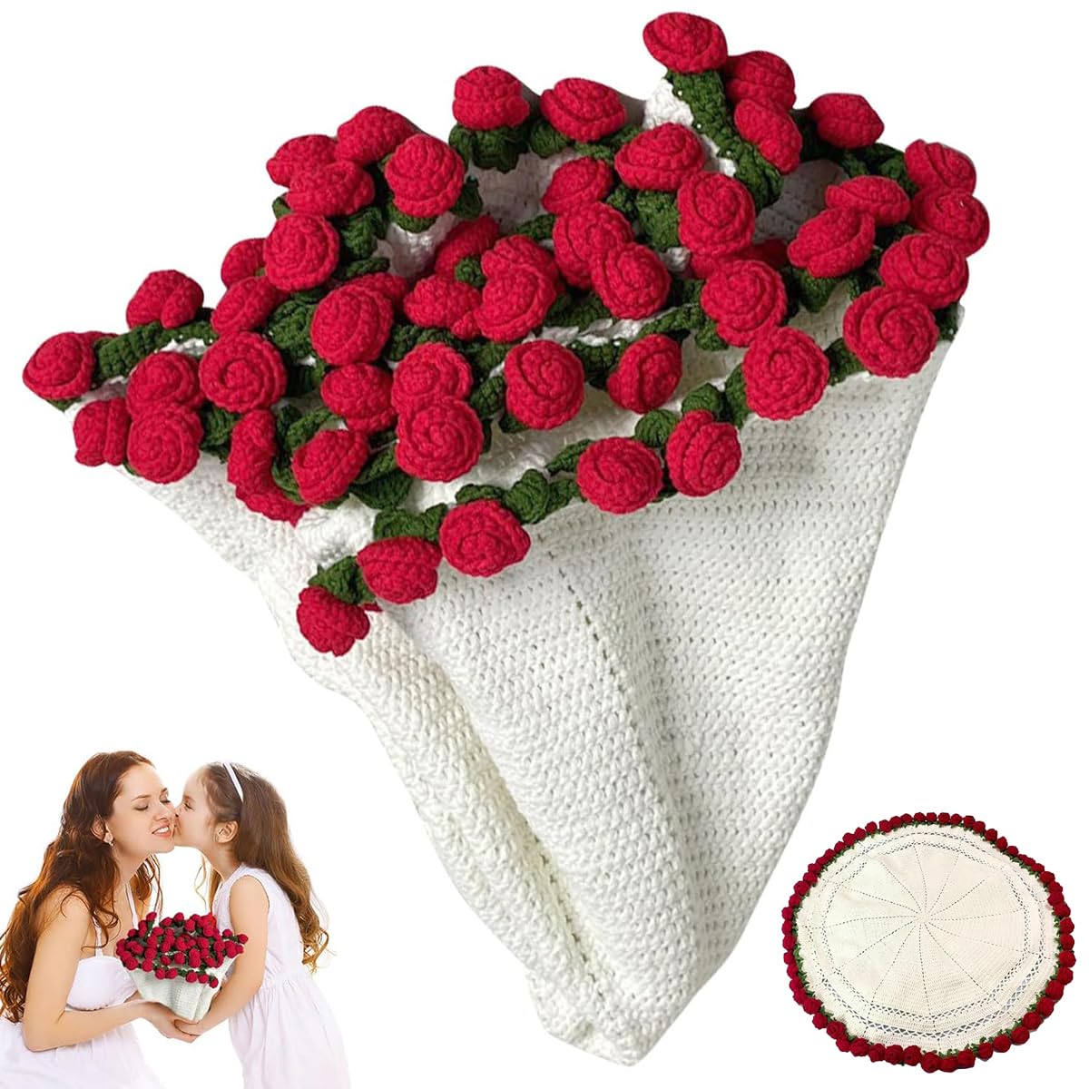 HASTHIP Flower Bouquet Blanket for All Seasons with 3D Crochet Floral Design | 80cm Soft Knitted Throw