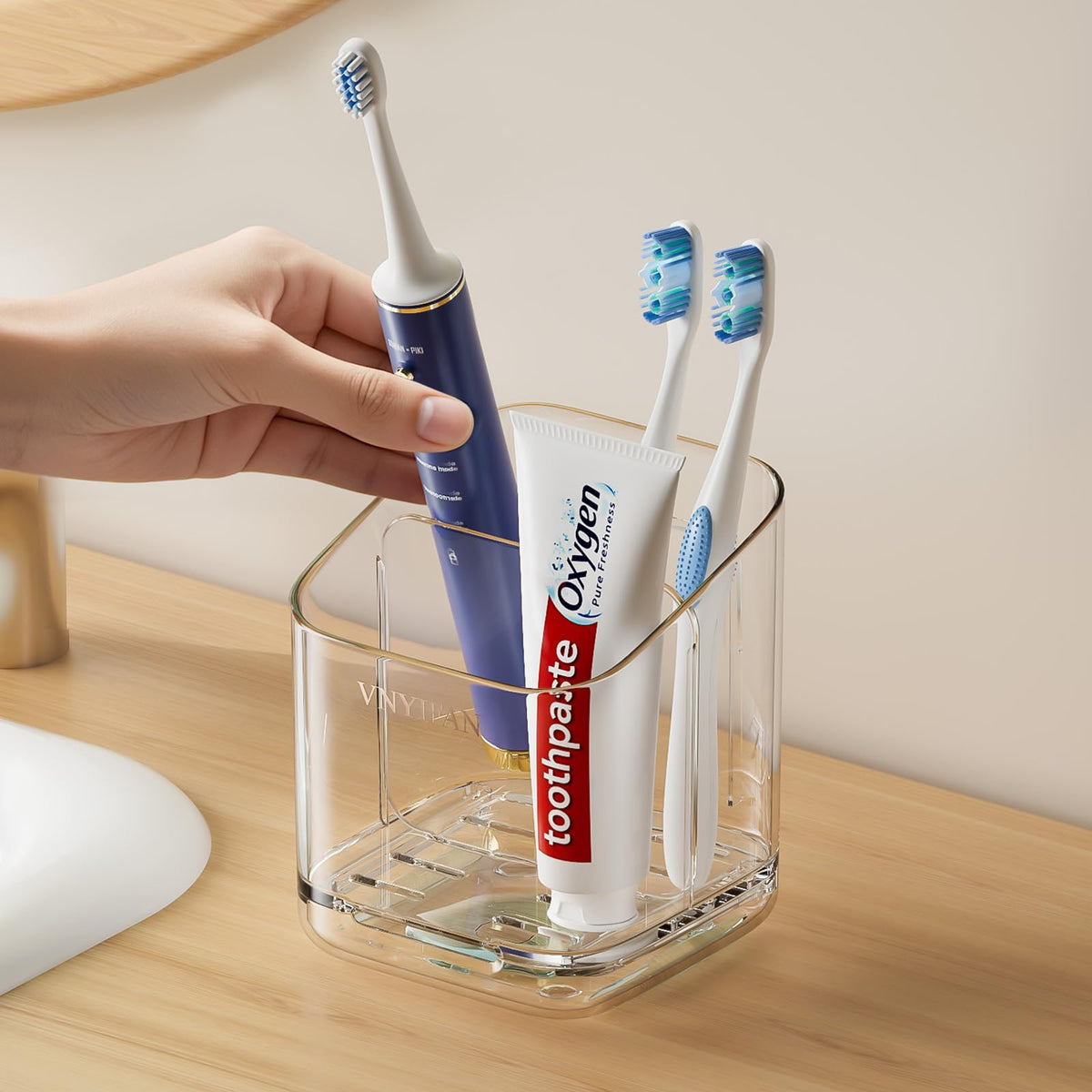 HASTHIP® Toothbrush Holders for Bathrooms,Wall Mounted Toothbrush Organizer with Toothpaste Dispenser,Bathroom Counter Storage Rack for Sink Space Saving Accessories Family Use