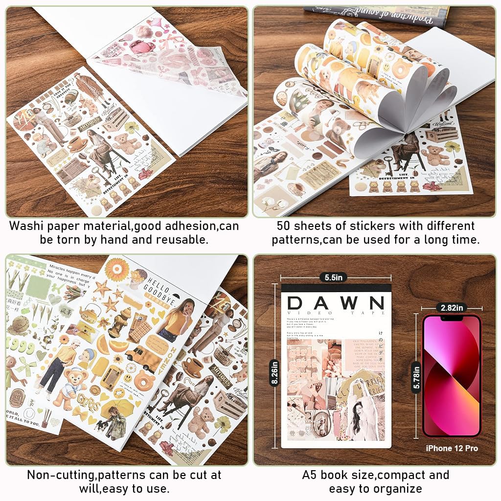 HASTHIP Vintage Washi Stickers for Scrapbooking and Journaling with 50 A5 Sheets | Tear and Adhere Design
