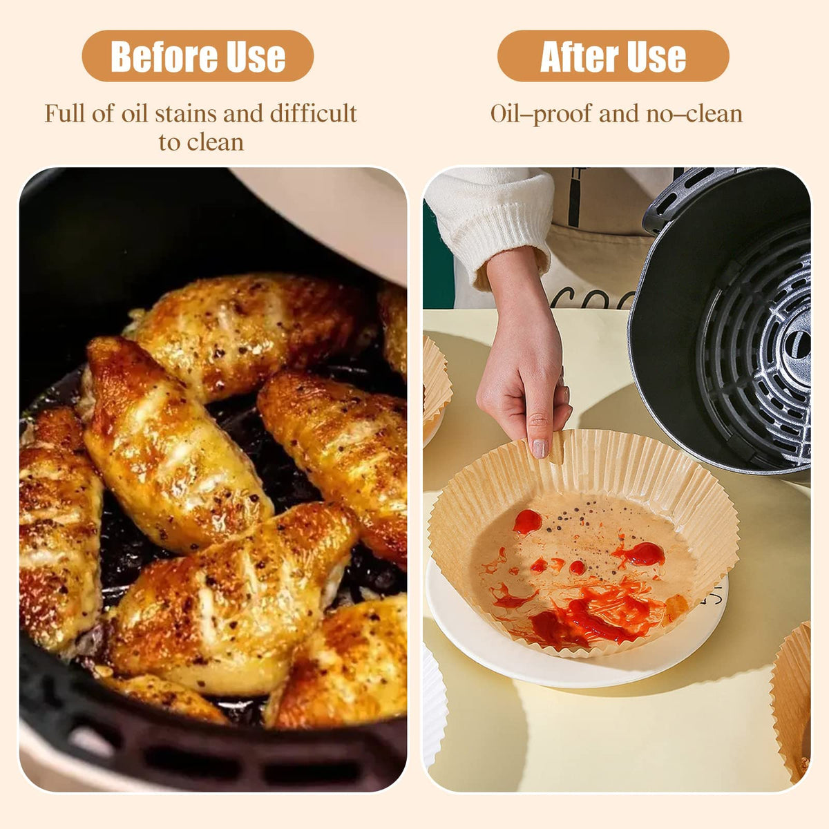 HASTHIP Air Fryer Paper Sheets 50pcs for Baking and Cooking with 4.5cm Raised Edge | Natural Greaseproof Parchment Liners